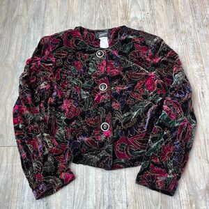 Vintage Velvet Embroidered Jacket Button Up Floral Christmas Black Red Medium